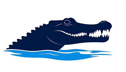 Dark blue alligator head emerging from blue water, sharp teeth visible, menacing expression.