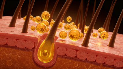 Microscopic cross-section of scalp skin with restorative serum droplets and hair follicles