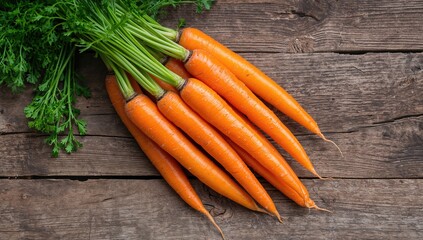 Bright orange carrots with fresh green leaves displayed on a natural wooden table, highlighting the spirit of homegrown produce and healthy eating habits, sparking kitchen inspiration