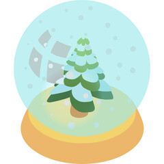 Stylized Snow Globe With A Green Christmas Tree Inside And Falling Snowflakes With A Bright Yellow Light At The Base