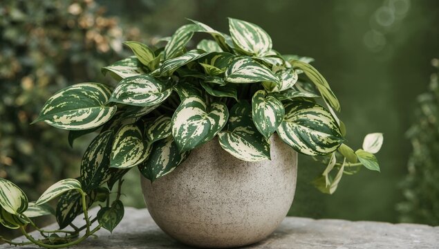 Variegated N'Joy Pothos with green, cream, and white foliage cascading from a decorative pot, perfect for indoor garden accents.