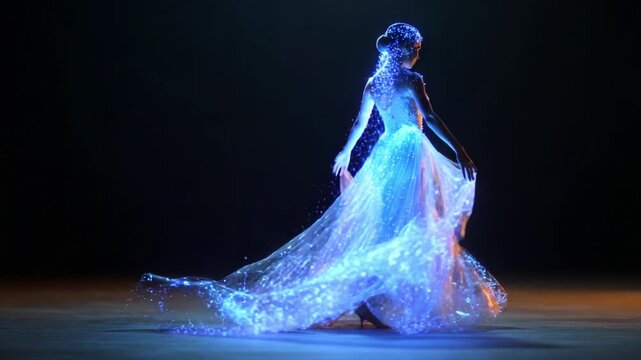 A Captivating Ethereal Dance: A Figure Adorned in a Mesmerizing, Illuminated Dress that Transforms into a Cascade of Sparkling Particles, Blending Reality with Dreamlike Beauty in Motion