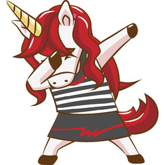 Stylized Unicorn Character with Red Mane and Horn Dabbing in a Striped Tank Top and Skirt with Lightning Bolt Accents on a Transparent Background