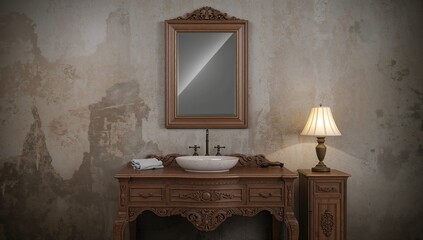 3D rendering of a bathroom mirror featuring a wooden sink and a lathe-crafted frame, stock photo