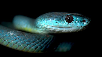 Vividly illuminated head and scales of a vibrant blue serpent against a deep black background
