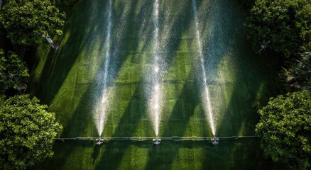Aerial view of sprinklers watering a lush lawn