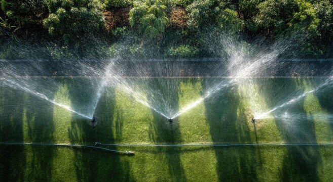 Aerial view of sprinklers watering a lush green lawn