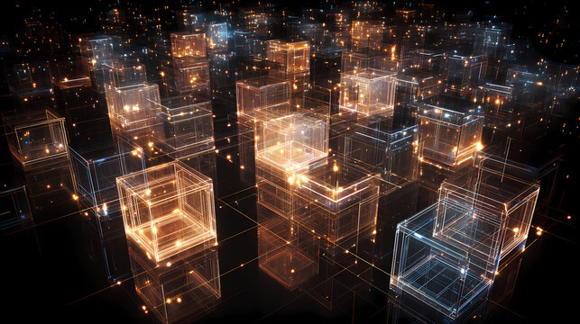 A futuristic cityscape of glowing transparent cubes interconnected by luminous lines, creating a mesmerizing network 