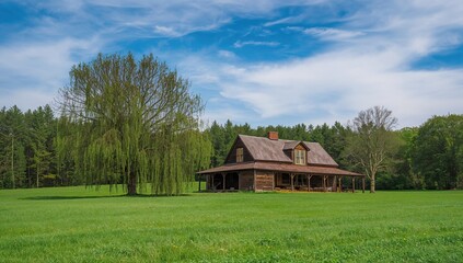 Obraz premium A charming old home nestles peacefully in verdant fields, surrounded by tall trees stretching skyward, forming a stunning natural scene.