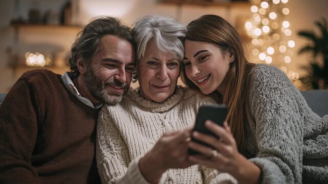 Joyful multi generational family using a smartphone to take a selfie while sitting on a sofa in a decorated living room during christmas holidays, creating cherished memories together