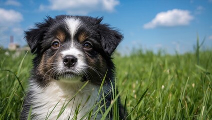 Adorable black and white dog enjoying time outside