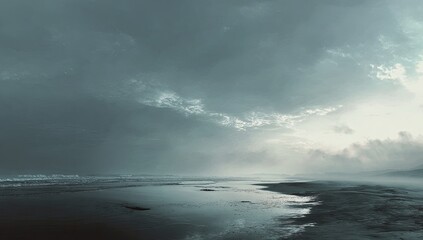 Obraz premium Misty beach scene under a dramatic sky
