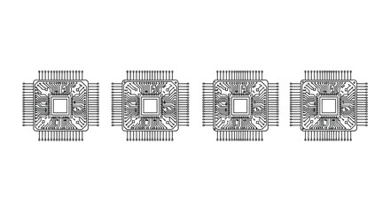 Row of four detailed microchip integrated circuit components in a linear arrangement vector