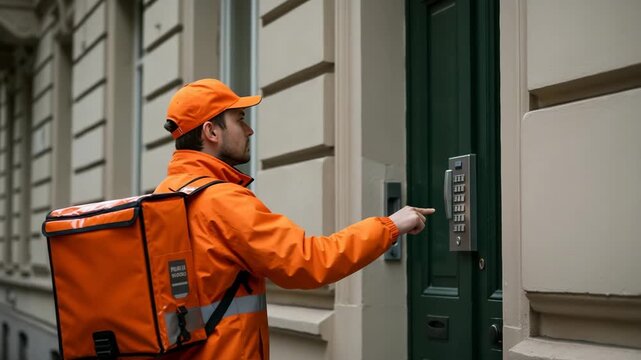 Delivery courier pressing door buzzer while wearing orange uniform