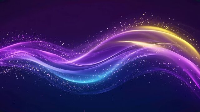 Glowing abstract neon wave background with vibrant purple blue and golden light trails and sparkling particles creating a dynamic futuristic design