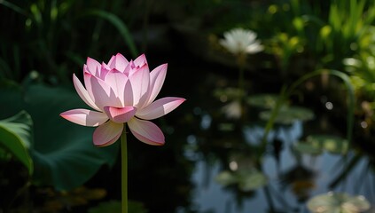 Photograph of a pink water lily in a natural pond
