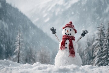 Snowman stands cheerfully in snowy landscape with mountains and trees in winter scenery