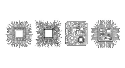 Four detailed hand drawn microchip designs representing technology innovation and circuitry vector