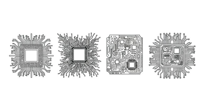 Four detailed hand drawn microchip designs representing technology innovation and circuitry vector
