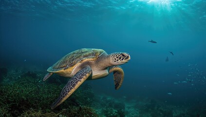 Obraz premium Underwater scene of a turtle swimming