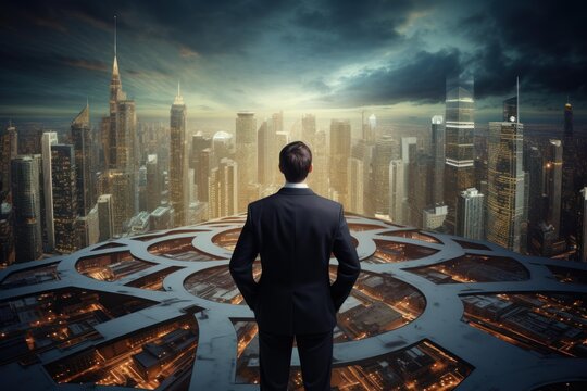 Businessman standing on circular platform, admiring futuristic cityscape at sunset, symbolizing vision, ambition, and success - Powered by Adobe