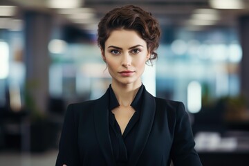 Naklejka premium Portrait of a businesswoman wearing a suit in a modern office environment, exuding confidence and professionalism