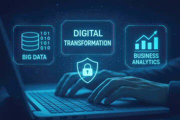 Hands typing on laptop with digital transformation interface showing big data analytics and security