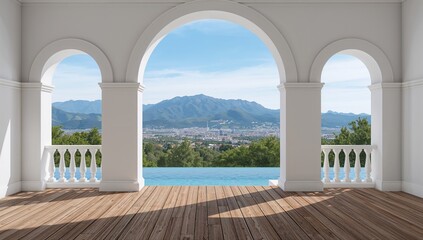 Fototapeta premium Luxury terrace featuring modern classical design and mountain scenery, 3D visualization with wooden flooring and arch-shaped wall overlooking stunning natural views