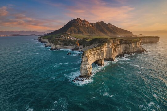 Overhead perspective of a natural sea arch amidst water and sky