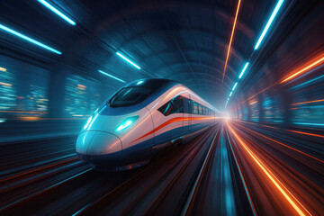 High-speed bullet train traveling through a brightly lit tunnel with streaks of light