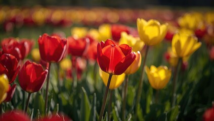 Fototapeta premium Detailed View of Vibrant Red and Yellow Tulips Blooming in a Garden During Spring