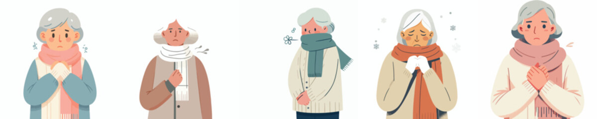 vector of half body agrand mother standing in the cold