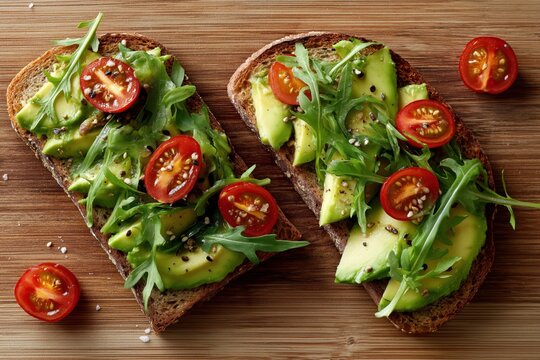 Healthy avocado toasts with cherry tomatoes and arugula on whole grain bread, served on wooden background