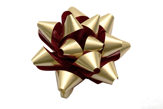 Gift Wrapping Bow Gold and Red with Ribbon Loops Isolated on Transparent Background