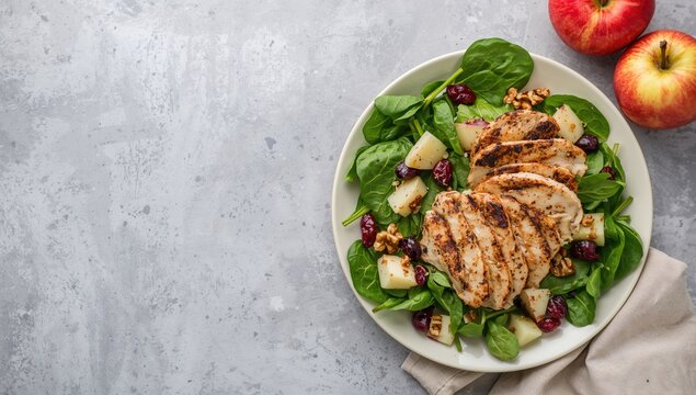 Top view of a spinach salad featuring grilled chicken, red apple slices, dried cranberries, and walnuts on a pale grey stone surface with space for text. - Powered by Adobe
