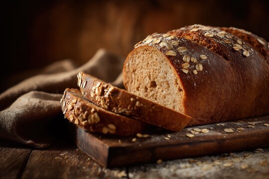 Sliced multigrain bread loaf topped with oats on rustic wooden board with linen cloth in warm light