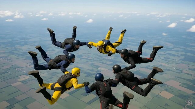 Large group of skydivers forming circular formation in blue sky  