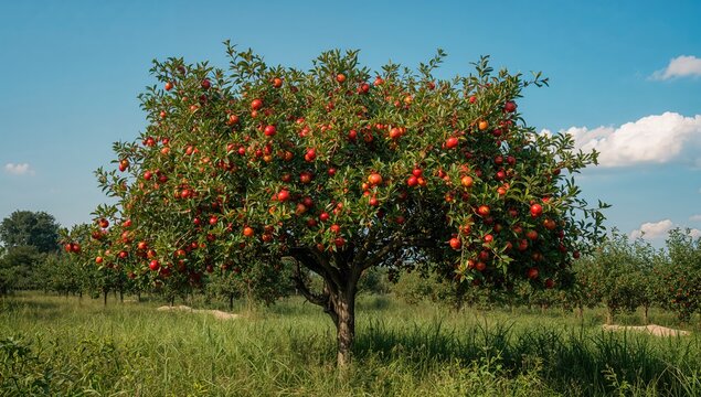Fototapeta Vibrant pomegranate tree laden with ripe fruits in an orchard.