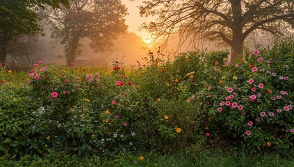 Flowering shrubs basking in the early sunlight