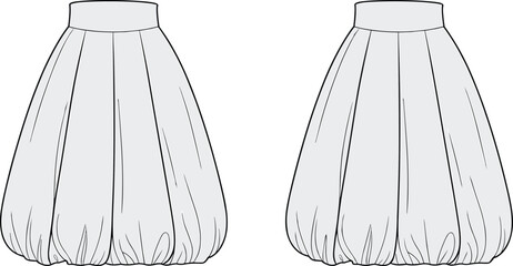 Balloon skirt fashion design, bubble skirt flat sketch, garment construction illustration, pleated skirt vector, sewing pattern, cad drawing flat vector illustration