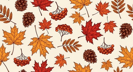 A seamless pattern of autumn leaves, pine cones, and rowan berries in warm colors, creating a festive and natural fall background