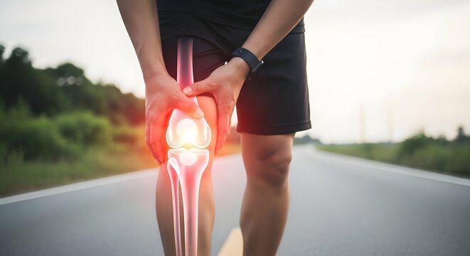 Man with knee pain, joint injury, arthritis or meniscus tear, healthcare and medical concept. outdoor exercise