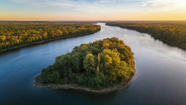 Sunrise illuminating an island on a tranquil river surrounded by trees and forest in summer and autumn - Powered by Adobe