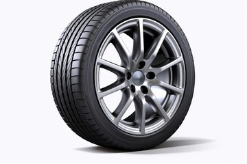 Fototapeta premium Car tire spinning on white background, showing modern alloy wheel rim design