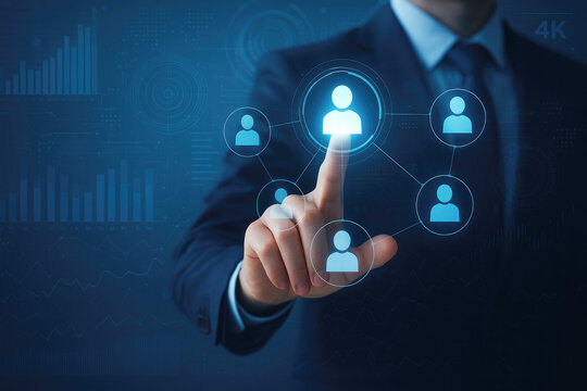 Man in suit touches a glowing digital network of people icons with data charts in background business