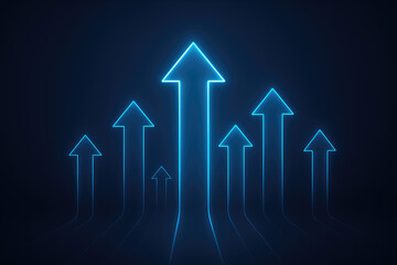 Multiple neon blue arrows ascending on a dark background up arrow growth