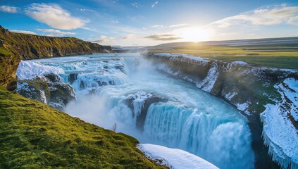 Frozen waterfall in the heart of a frigid winter landscape