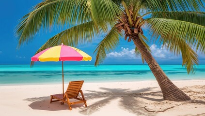 Obraz premium Vacation scene featuring a beach umbrella and tropical palm trees in the background