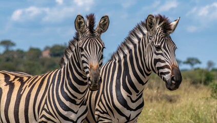 Fototapeta premium Pair of zebras standing side by side with natural patterns and textures