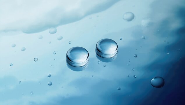 Close-up of water droplets and contact lenses on a reflective gradient surface